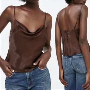 Zara Brown Satin Cowl Neck Camisole Button Back Detail Size M